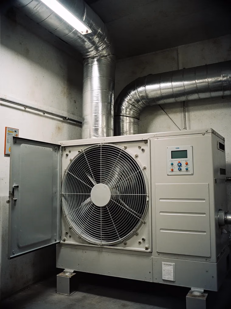 Air handling unit in a commercial mechanical room with its door open