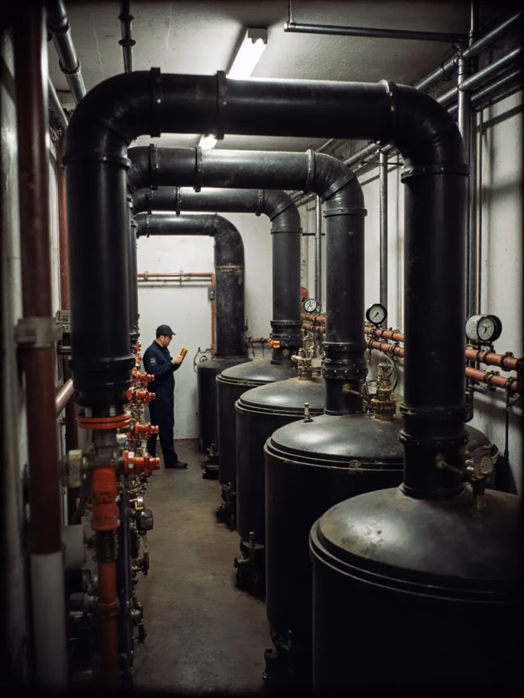 Row of commercial hot water boilers in a plant room