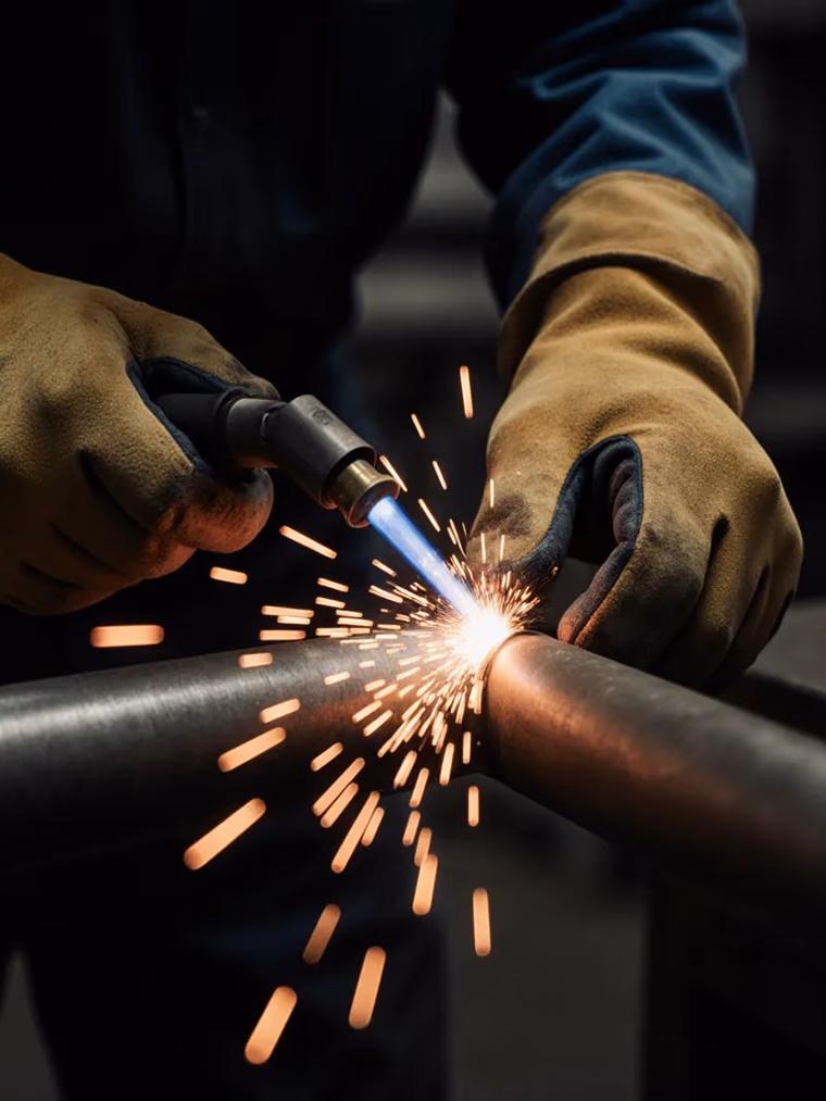 Welder joining a section of steel pipe, sparks flying