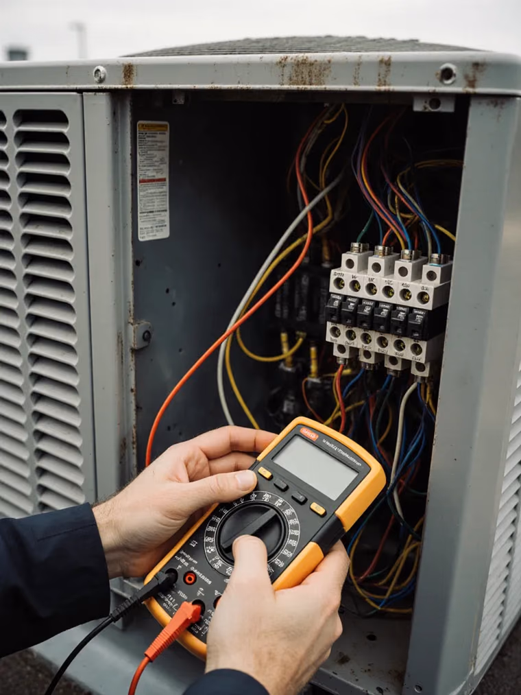 Technician testing wiring inside a rooftop unit’s electrical panel