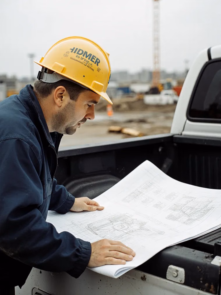 Foreman reviewing mechanical drawings on a truck tailgate