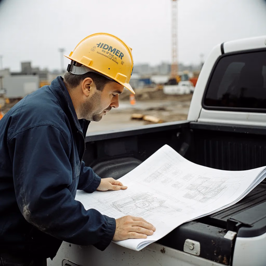 Foreman reviewing mechanical drawings on a truck tailgate