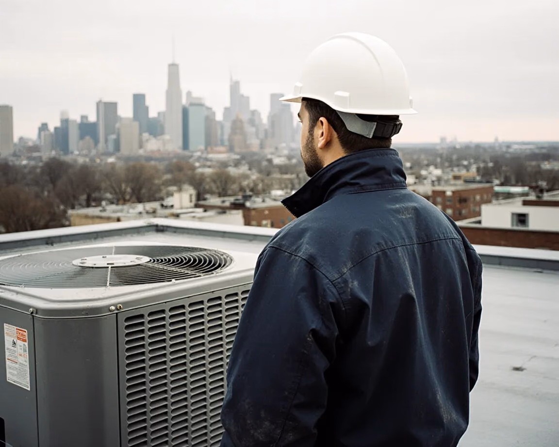 Technician in a hard hat on a commercial roof beside a rooftop unit, the city behind him