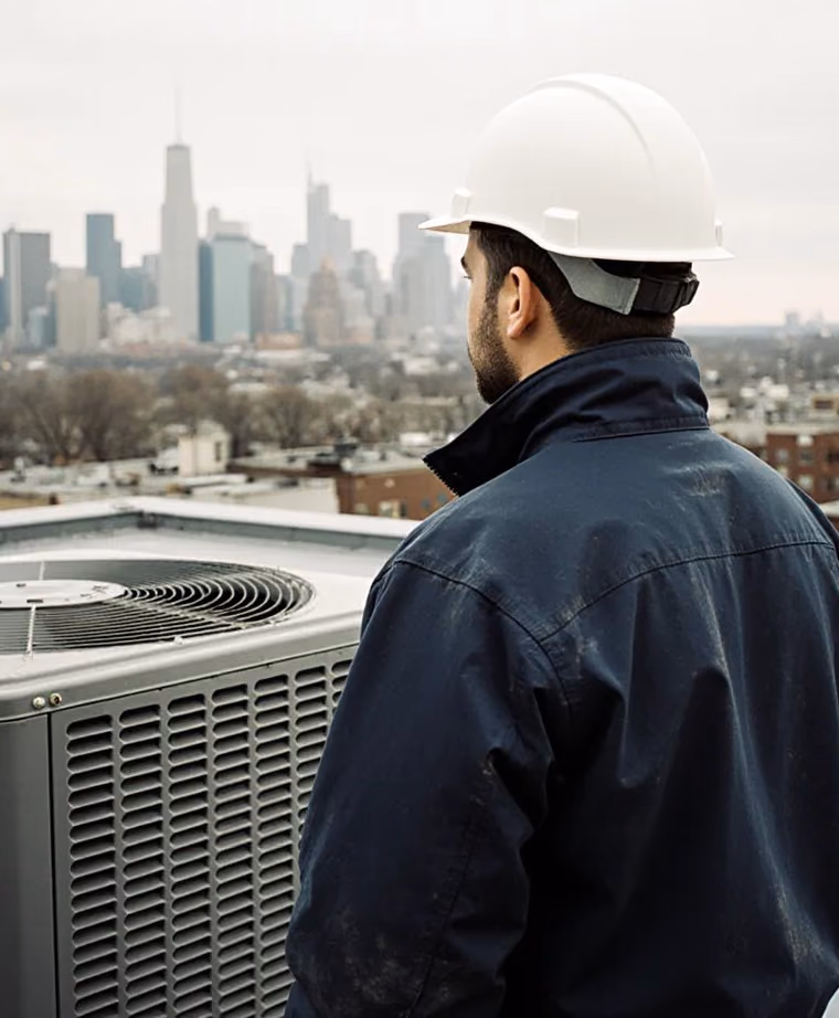 Air conditioning condenser unit mounted outside a building