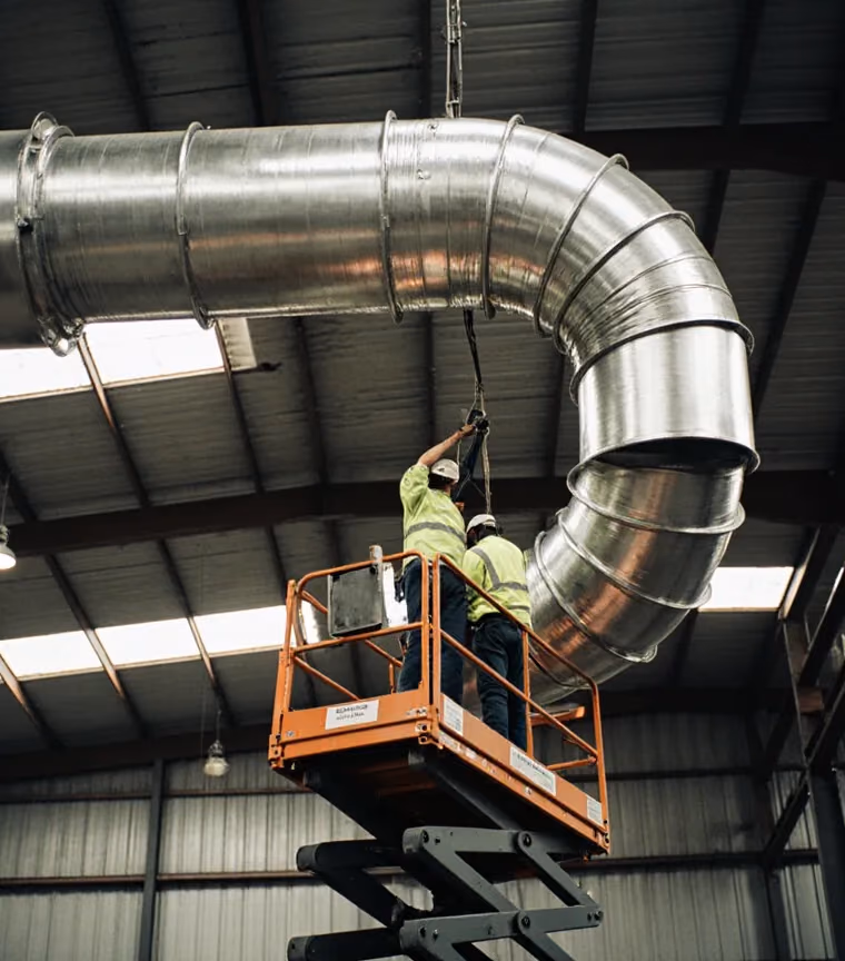 Two workers on a scissor lift hanging spiral duct from a warehouse ceiling