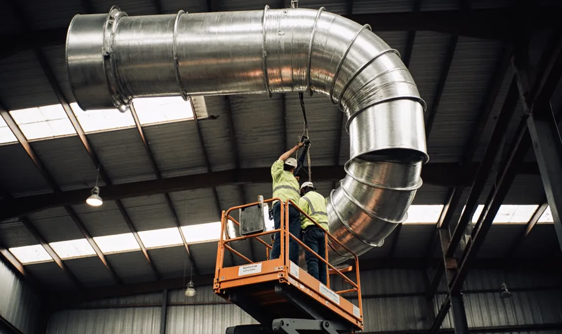 Two workers on a scissor lift hanging spiral duct from a warehouse ceiling