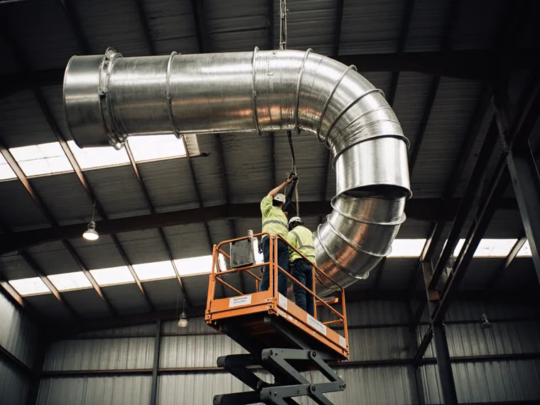 Two workers on a scissor lift hanging spiral duct from a warehouse ceiling