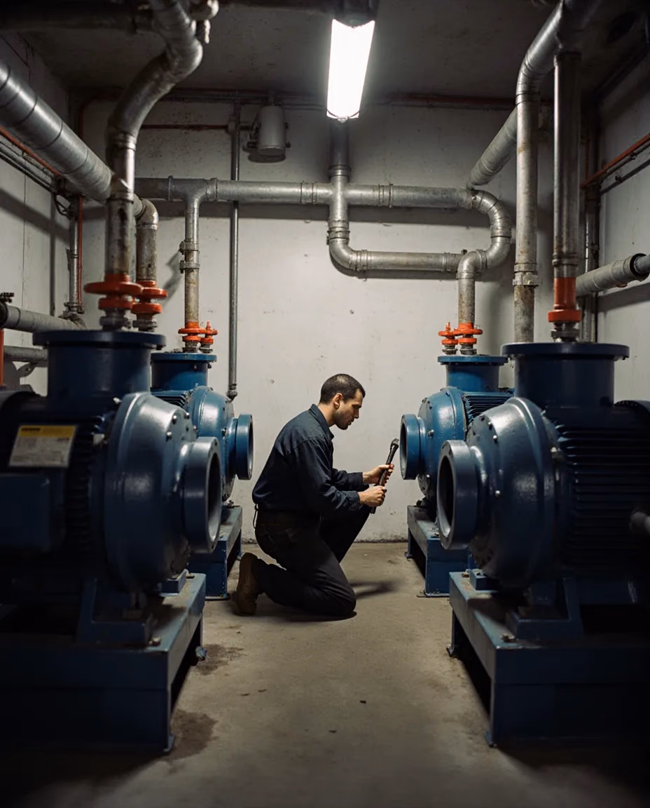 Technician kneeling between pumps in a commercial mechanical room