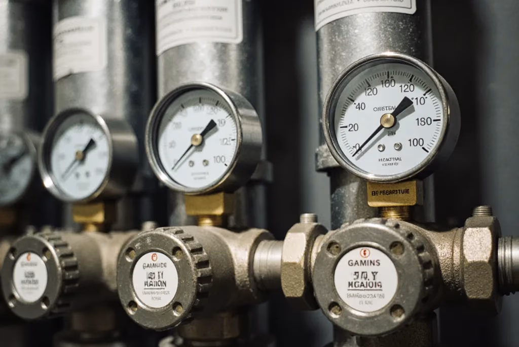 Pressure gauges on insulated chilled water pipes