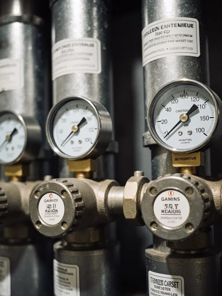 Pressure gauges on insulated chilled water pipes