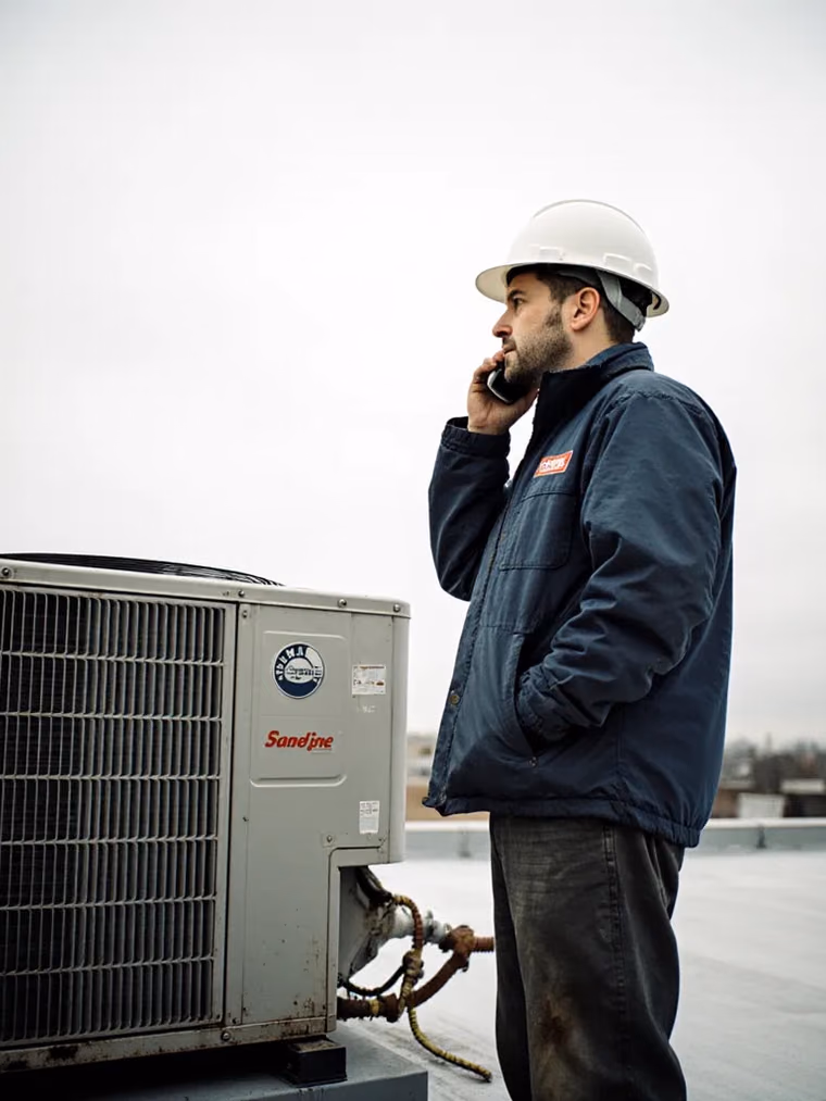 Technician on a phone call next to a rooftop unit
