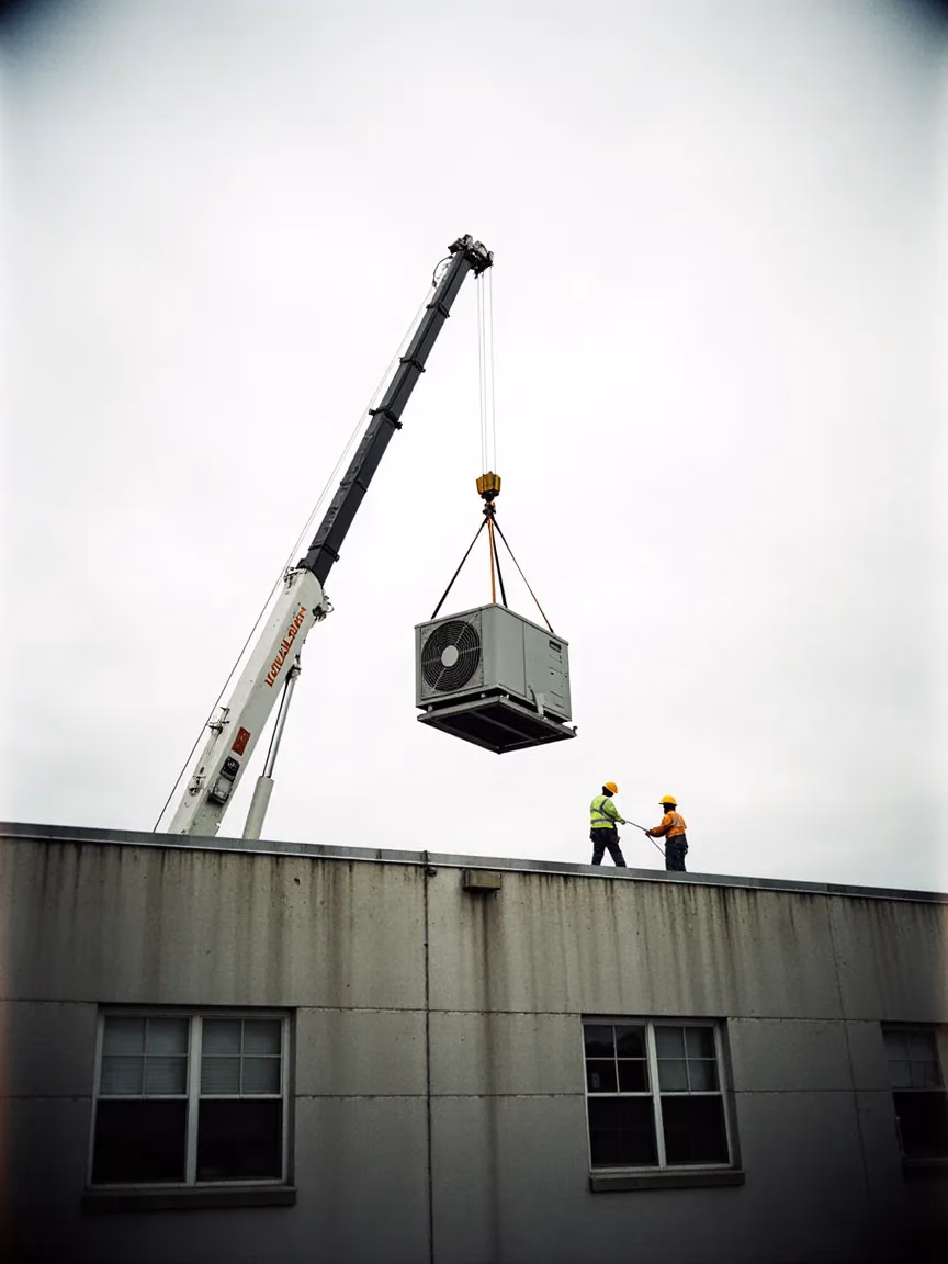 Crane lifting a rooftop unit onto a commercial roof