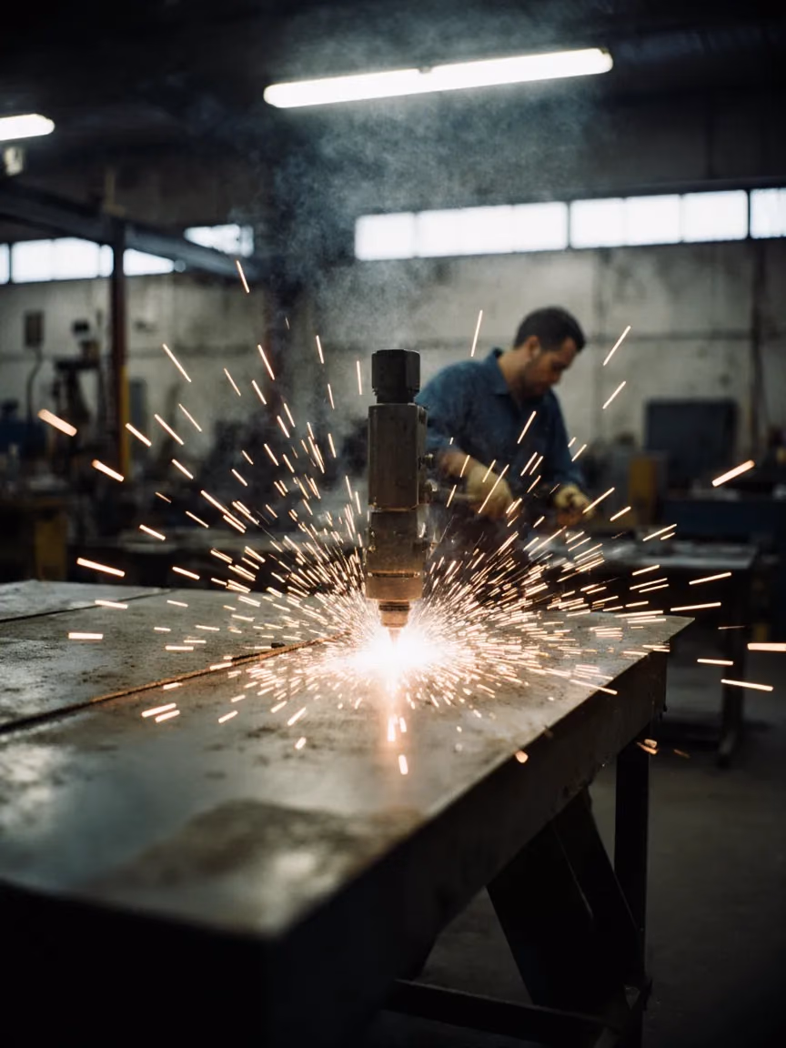 Plasma cutter cutting galvanised sheet metal in a fabrication shop