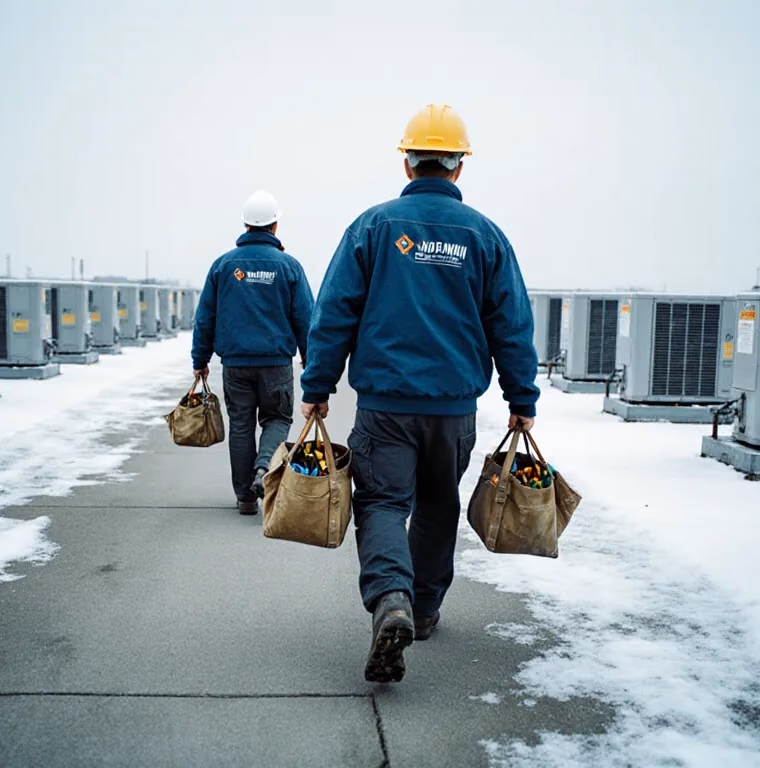 Two technicians carrying tool bags across a snowy commercial roof